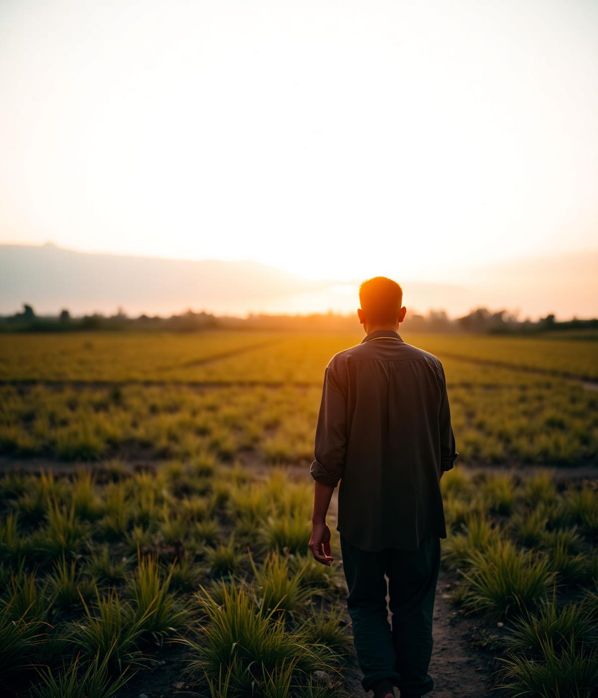 Rob walking through open land at golden hour